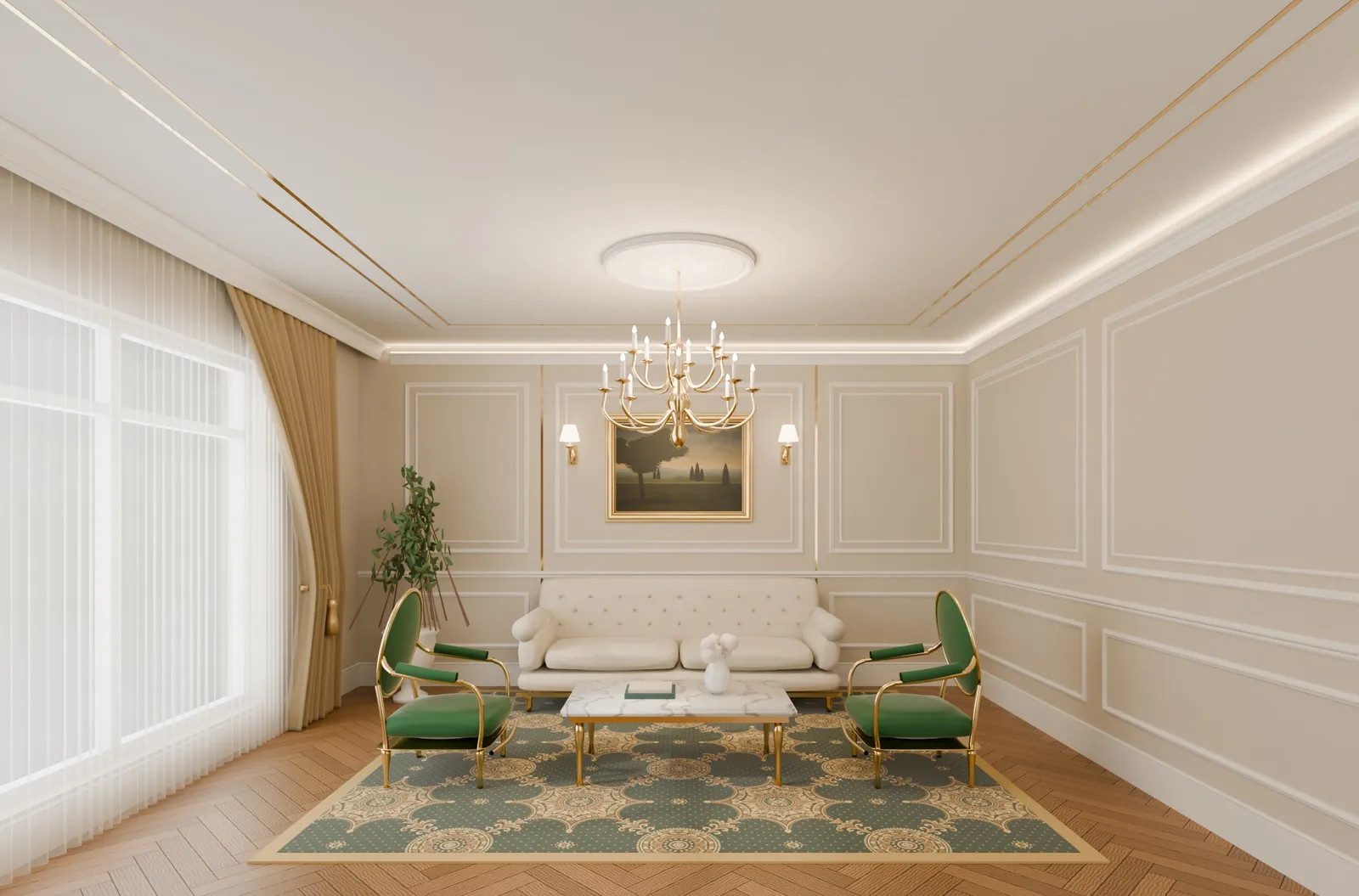 Salon clasic cu rozetă în tavan, cornișe și inox auriu