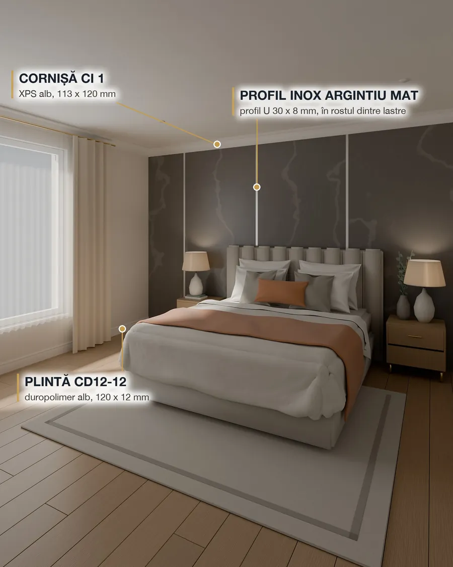 Dormitor: Inox argintiu mat satinat, 30 mm, între lastre de piatră gri. Cornișa CI 1, plinta CD12-12.