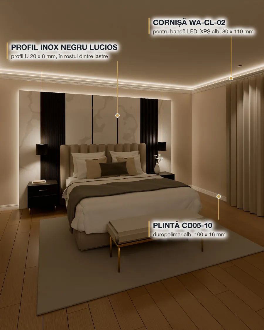 Cameră de hotel: Inox negru lucios, 20 mm, în marmura din spatele patului. Cornișa WA-CL-02 (bandă LED), plinta CD05-10.